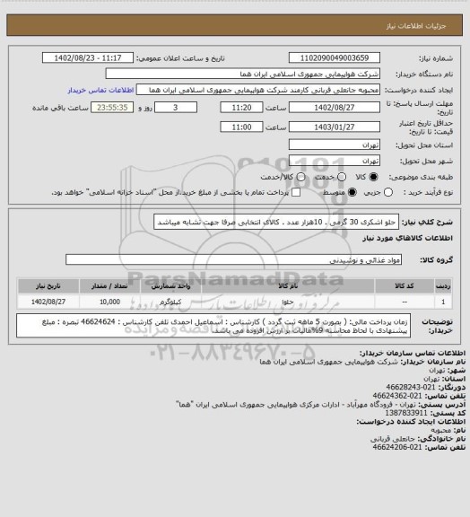 استعلام  حلو اشکری 30 گرمی . 10هزار عدد .   کالای انتخابی صرفا جهت تشابه میباشد