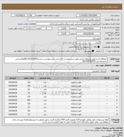 استعلام محافظ جان و فیوز مینیاتوری ایرانی طبق شرح پیوست. کارشناس فنی مهندس سرشاد53182834-061وکارشناس خریدعباسی 53181832-061