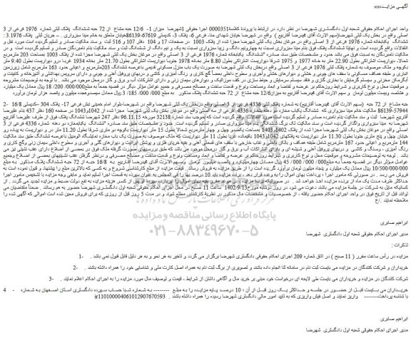 مزایده فروش میزان 1-  12/6 حبه مشاع  از 72 حبه ششدانگ  پلاک ثبتی شماره  1976 فرعی از 3 اصلی