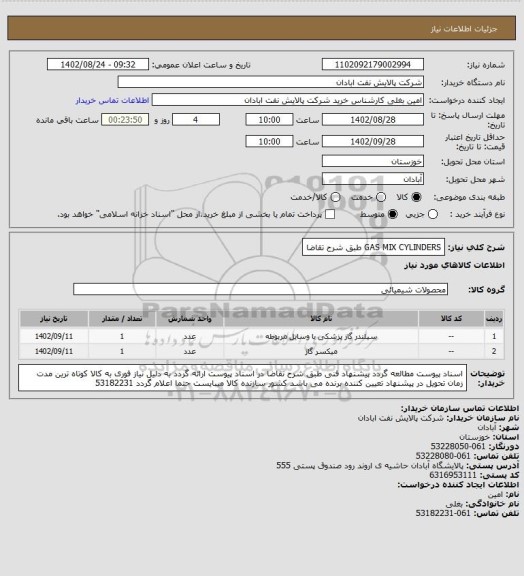 استعلام GAS MIX CYLINDERS طبق شرح تقاضا