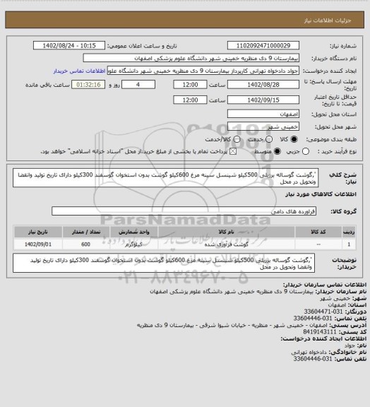 استعلام ',گوشت گوساله برزیلی 500کیلو شینسل سینه مرغ 600کیلو  گوشت بدون استخوان گوسفند 300کیلو دارای تاریخ تولید وانقضا وتحویل در محل