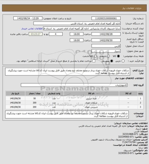 استعلام شکلات خوری فیروزه شکلات خوری پرداز دردونوع مختلف نوع وتعداد طبق فایل پیوست ایران کدکالا مشابه است جهت پیشگیری از اشتباه فایل پیوست مطالعه گردد