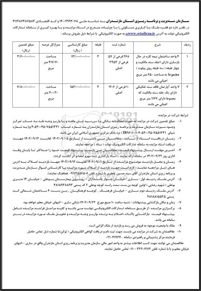 مزایده فروش چهار واحد ساختمان نیمه کاره در حال بازسازی و 7 واحد آپارتمان