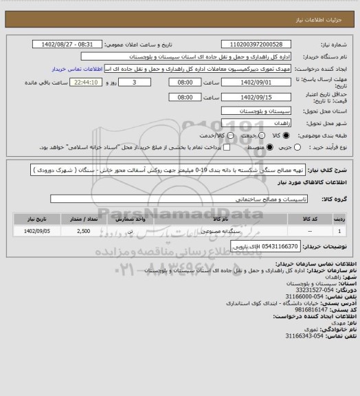 استعلام تهیه مصالح سنگی شکسته با دانه بندی 19-0 میلیمتر جهت روکش آسفالت محور خاش - سنگان ( شهرک دورودی )