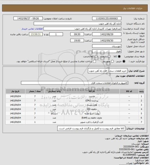 استعلام خرید قطعات سخت افزار راه آهن جنوب