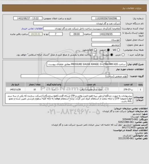 استعلام ساخت PRESSURE GAUGE RANGE: 0~2500 MM H20 مطابق تقاضای پیوست.