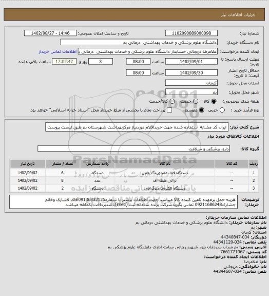 استعلام ایران کد مشابه استفاده شده جهت خریداقلام موردنیاز مرکزبهداشت شهرستان بم طبق لیست پیوست