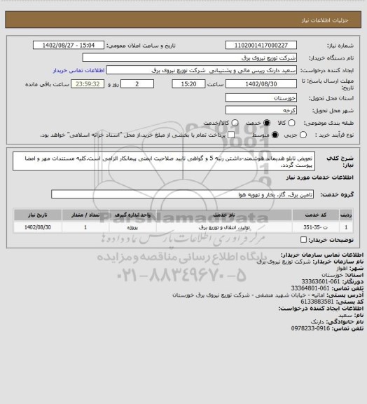 استعلام تعویض تابلو هدیماند هوشمند-داشتن رتبه 5 و گواهی تایید صلاحیت ایمنی پیمانکار الزامی است.کلیه مستندات مهر و امضا پیوست گردد.