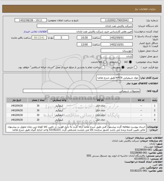 استعلام مواد شیمیایی HACH طبق شرح تقاضا