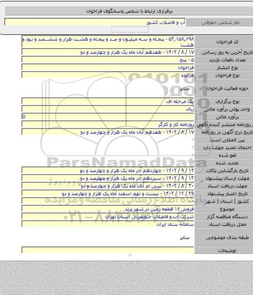 مزایده, فروش ۱۶ قطعه زمین در شهر پرند