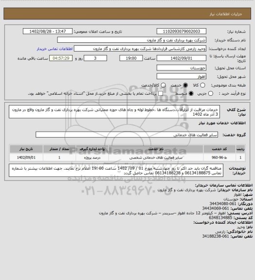 استعلام خدمات مراقبت از ابزارآلات،دستگاه ها ،خطوط لوله و چاه های حوزه عملیاتی شرکت بهره برداری نفت و گاز مارون واقع در مارون 3 آذر ماه 1402