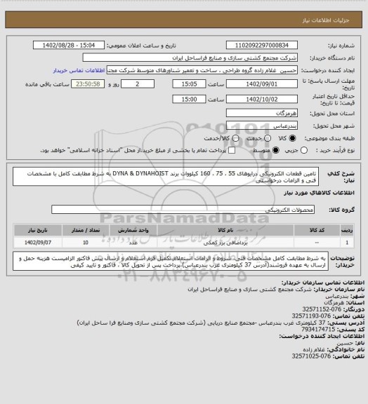 استعلام تامین قطعات الکترونیکی درایوهای 55 ، 75 ، 160 کیلووات برند DYNA & DYNAHOIST به شرط مطابقت کامل با مشخصات فنی و الزامات درخواستی