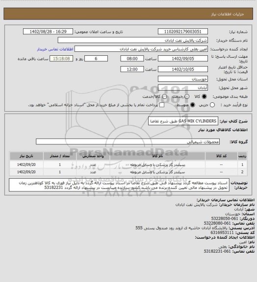 استعلام GAS MIX CYLINDERS طبق شرح تقاضا