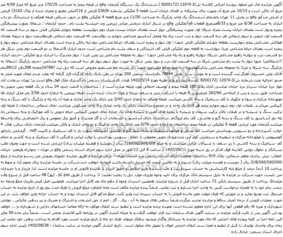 آگهی مزایده ششدانگ یک دستگاه آپارتمان واقع در طبقه پنجم به مساحت 25‏/170 متر مربع که متراژ 09‏/4 متر مربع