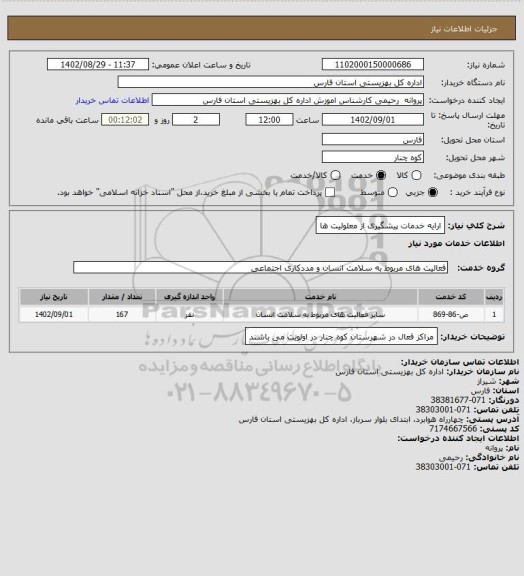 استعلام ارایه خدمات پیشگیری از معلولیت ها