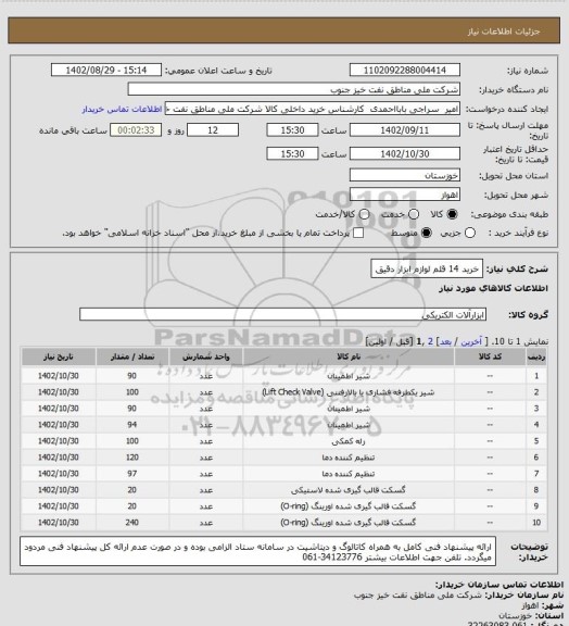 استعلام خرید 14 قلم لوازم ابزار دقیق