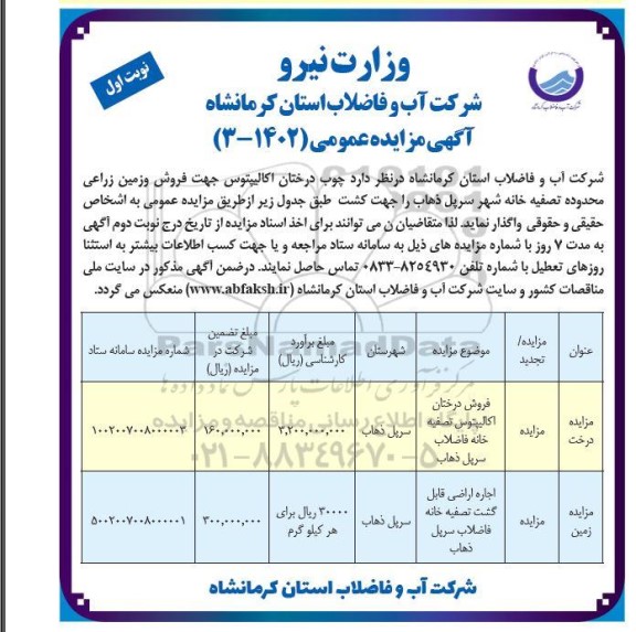 مزایده چوب درختان اکالیپتوس جهت فروش و زمین زراعی...