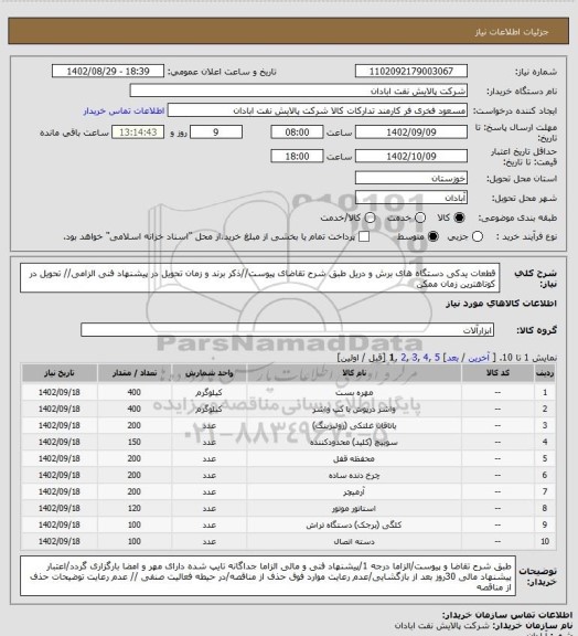 استعلام قطعات یدکی دستگاه های برش و دریل
طبق شرح تقاضای پیوست//ذکر برند و زمان تحویل در پیشنهاد فنی الزامی// تحویل در کوتاهترین زمان ممکن