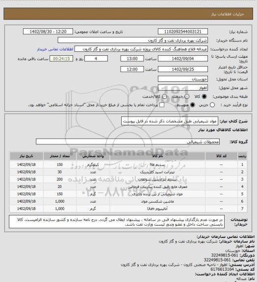 استعلام مواد شیمیایی طبق مشخصات ذکر شده در فایل پیوست