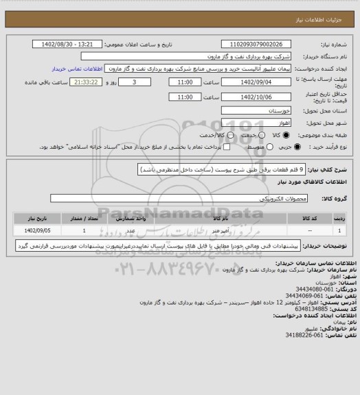 استعلام 9 قلم قظعات برقی طبق شرح پیوست (ساخت داخل مدنظرمی باشد)