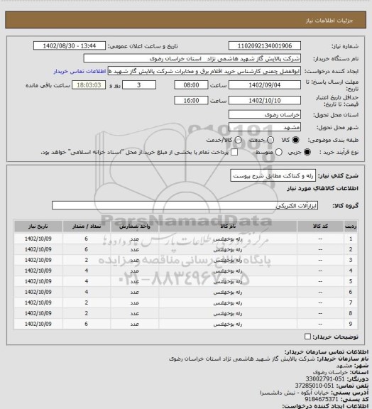 استعلام رله و کنتاکت مطابق شرح پیوست