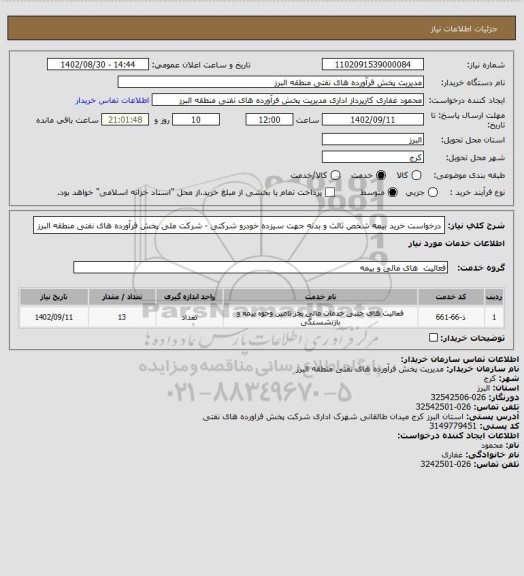 استعلام درخواست خرید بیمه شخص ثالث  و بدنه جهت سیزده خودرو شرکتی - شرکت ملی پخش فرآورده های نفتی منطقه البرز