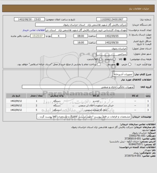 استعلام تجهیزات آشپزخانه