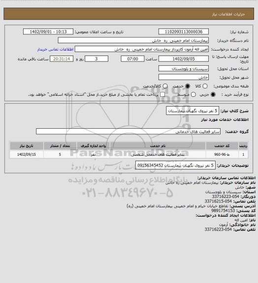 استعلام 5 نفر نیروی نگهبان بیمارستان