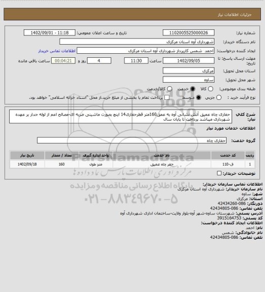 استعلام حفاری چاه عمیق آتش نشانی آوه به عمق160متر 
قطرحفاری14 اینچ بصورت ماشینی ضربه ای-مصالح اعم از لوله جدار بر عهده شهرداری میباشد
پرداخت تا پایان سال