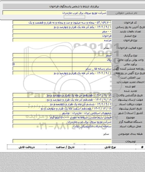 مزایده, فروش سیم مسی اسقاط به مقدار ۵۰.۰۰۰ کیلو گرم