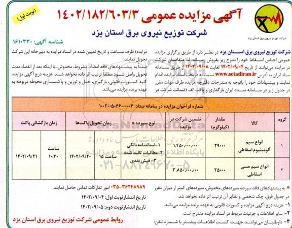 مزایده فروش انواع سیم آلومینیوم اسقاطی..