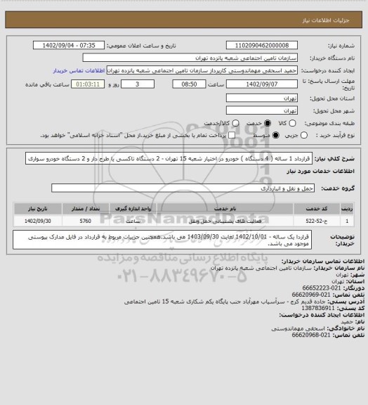 استعلام قرارداد 1 ساله ( 4 دستگاه ) خودرو در اختیار شعبه 15 تهران - 2 دستگاه تاکسی یا طرح دار و 2 دستگاه خودرو سواری