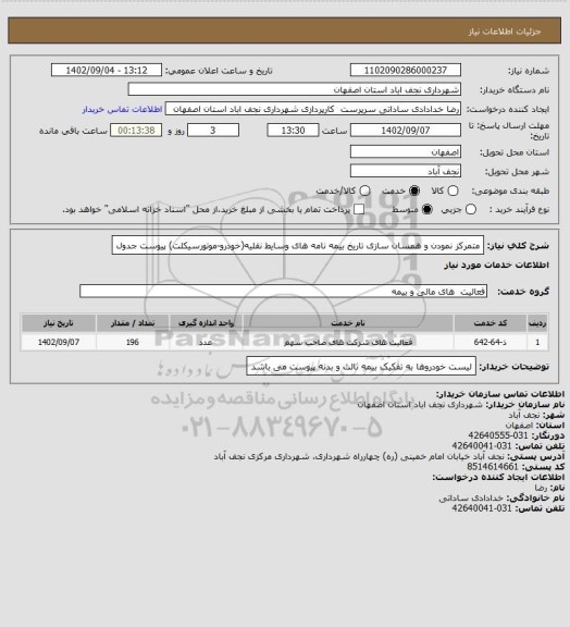 استعلام متمرکز نمودن و همسان سازی تاریخ بیمه نامه های وسایط نقلیه(خودرو-موتورسیکلت) پیوست جدول