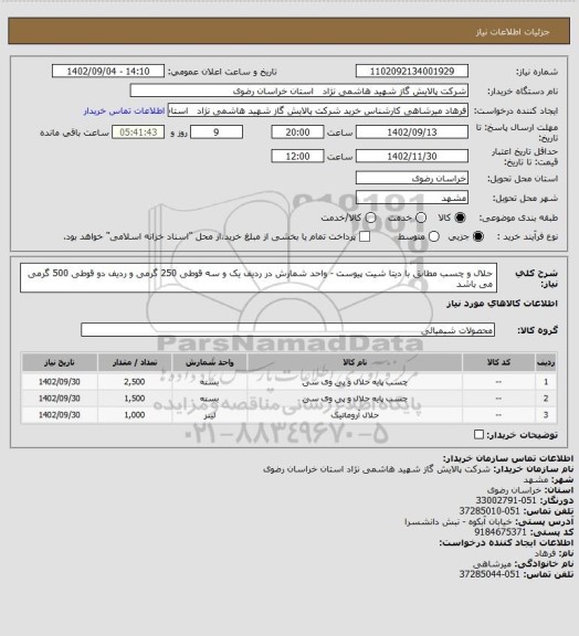 استعلام حلال و چسب مطابق با دیتا شیت پیوست - واحد شمارش در ردیف یک و سه قوطی 250 گرمی و ردیف دو قوطی 500 گرمی می باشد