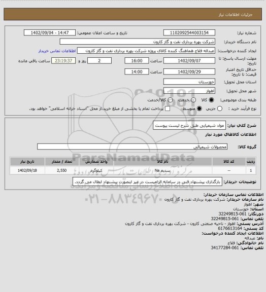 استعلام مواد شیمیایی طبق شرح لیست پیوست