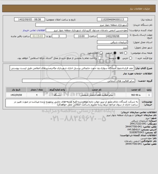 استعلام عقد قراردادچهار دستگاه سواری ون جهت جابجائی پرسنل اداری شهرداری م4درمسیرهای اعلامی طبق لیست پیوستی