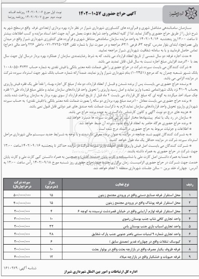 حراج حضوری بهره برداری از تعدادی غرف واقع در سطح شهر