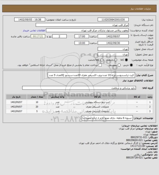 استعلام کیت ترانسدیوسردوراه 10 عدد-پروب اکسیمتر مغزی 20عدد-سنسور IQتعداد 5 عدد