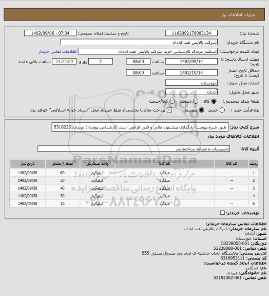 استعلام طبق شرج پیوست
بارگذاری پیشنهاد مالی و فنی الزامی است
کارشناس پرونده : مریدی53182231