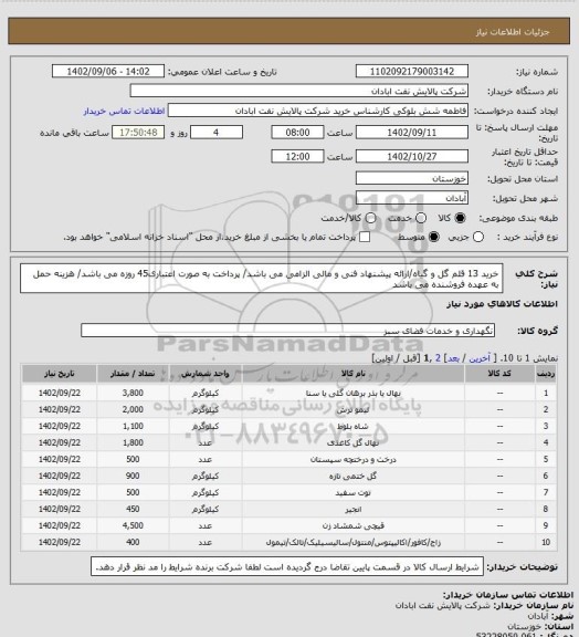 استعلام خرید 13 قلم گل و گیاه/ارائه پیشنهاد فنی و مالی الزامی می باشد/ پرداخت به صورت اعتباری45 روزه می باشد/ هزینه حمل به عهده فروشنده می باشد