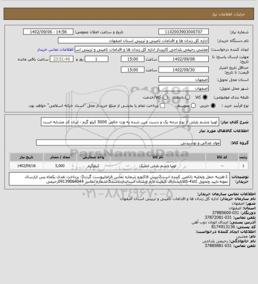 استعلام لوبیا چشم بلبلی  از نوع درجه یک و دست چین شده به وزن خالص 5000 کیلو گرم - ایران کد مشابه است