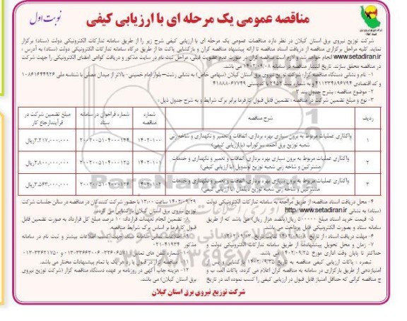 مناقصه واگذاری عملیات مربوط به برون سپاری بهره برداری، اتفاقات و ...