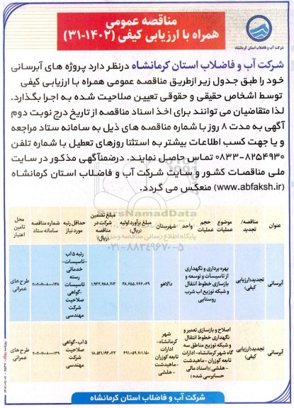 تجدید مناقصه عمومی پروژه های آبرسانی