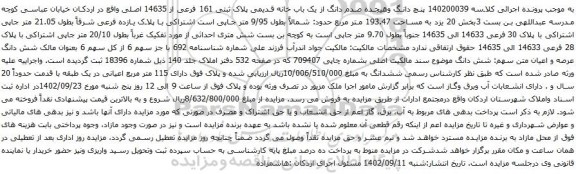 آگهی مزایده پنچ دانگ وهیجده صدم دانگ از یک باب خانه قدیمی پلاک ثبتی 161 فرعی از 14635 اصلی