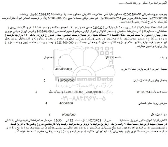 مزایده فروش یخچال انباری 3 درب پارس استیل 2 متری  و...