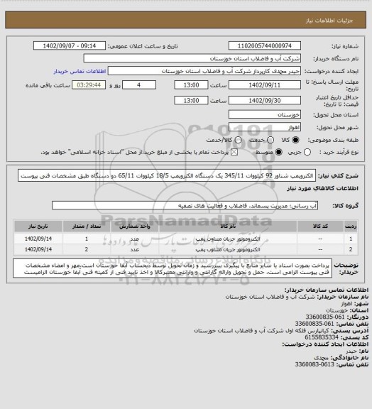 استعلام الکتروپمپ شناور 92 کیلووات 345/11 یک دستگاه الکتروپمپ 18/5 کیلووات 65/11 دو دستگاه طبق مشخصات فنی پیوست