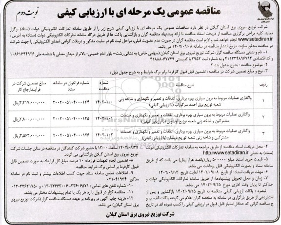 مناقصه واگذاری عملیات مربوط به برون سپاری بهره برداری، اتفاقات و ...- نوبت دوم 