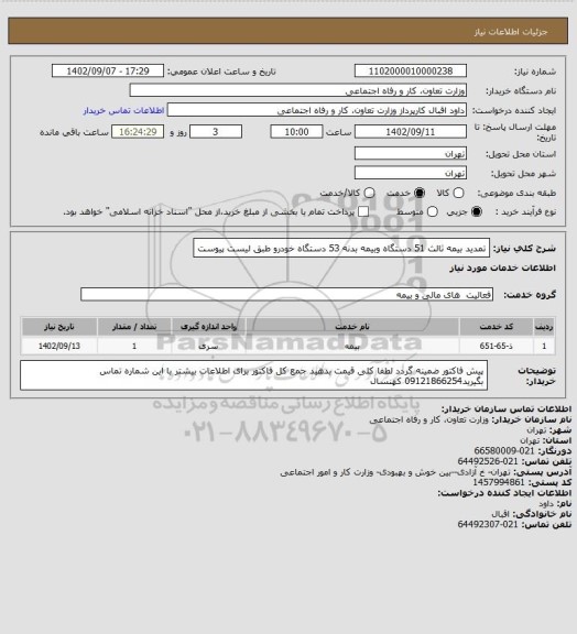 استعلام تمدید بیمه ثالث 51 دستگاه وبیمه بدنه 53 دستگاه خودرو طبق لیست پیوست