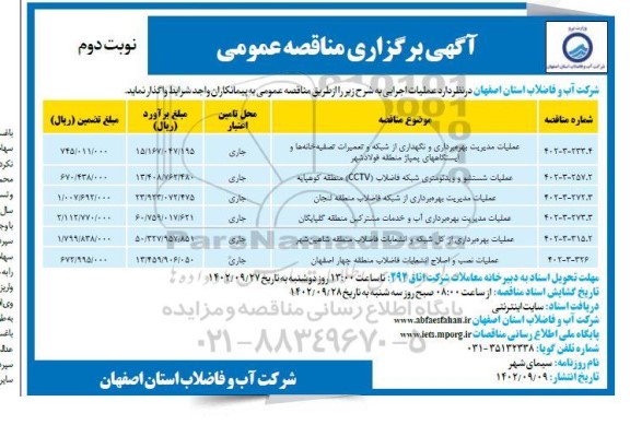 مناقصه عملیات مدیریت بهره برداری و نگهداری از شبکه و تعمیرات تصفیه خانه ها .... ـ نوبت دوم