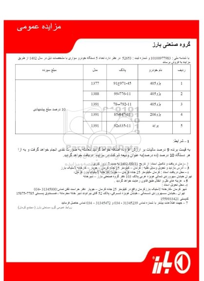 مزایده تعداد 5 دستگاه خودرو سواری 